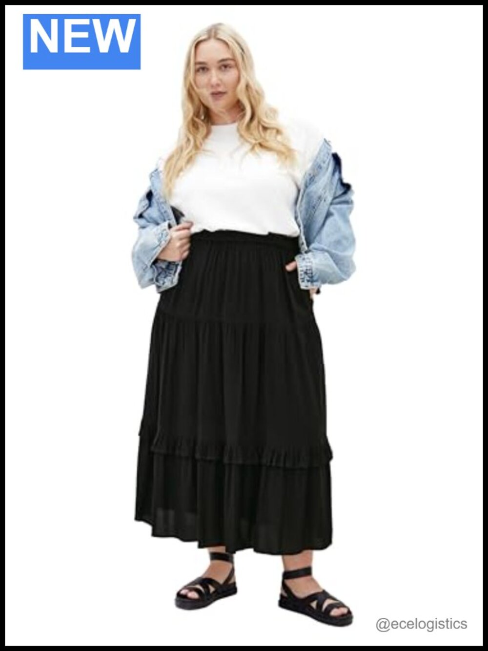 Plus Size Tiered Maxi Skirt Pull On Shirred Waist Pockets Work